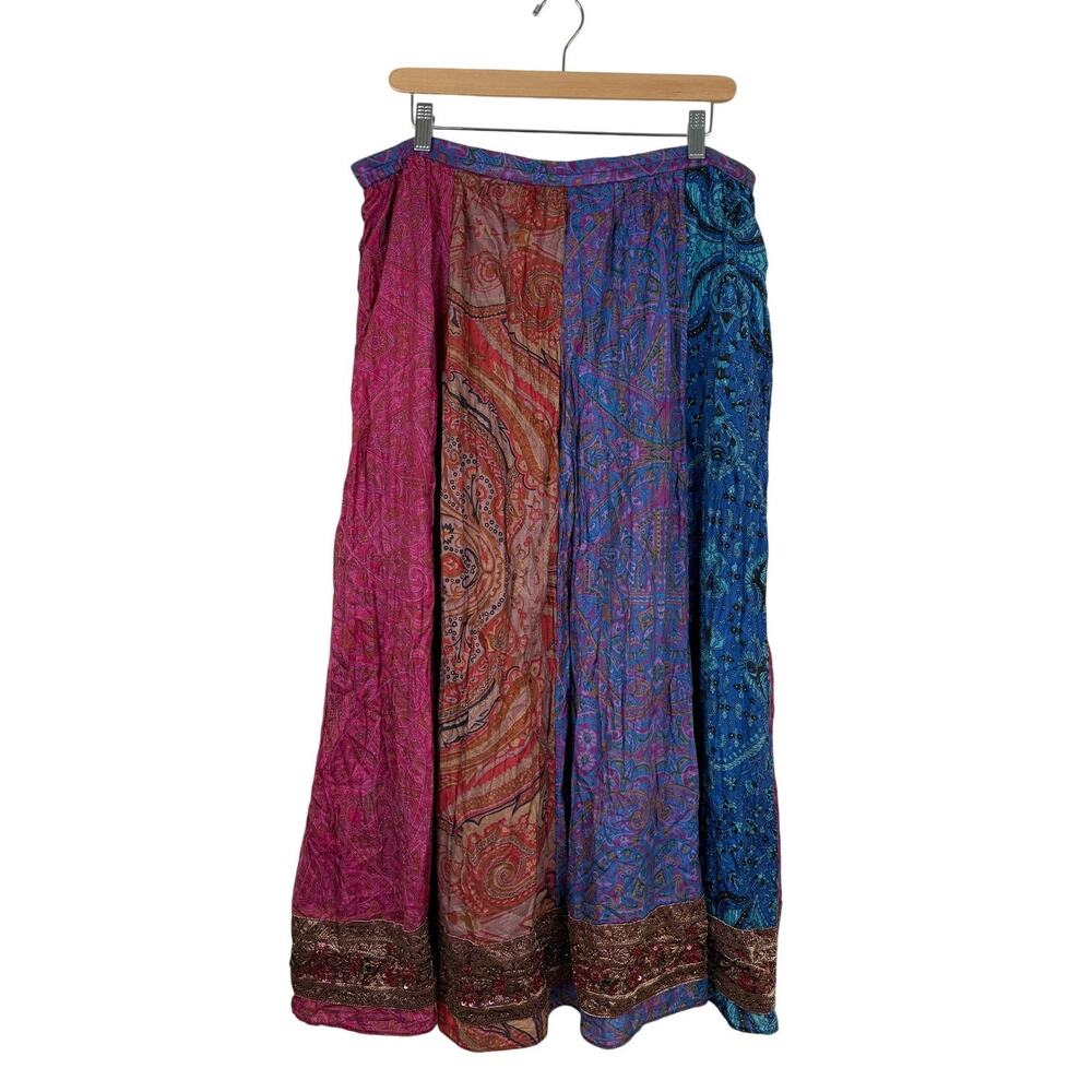 Vintage 90s Chico's Silk Patchwork Maxi Skirt Boho Paisley Embroidered Beaded